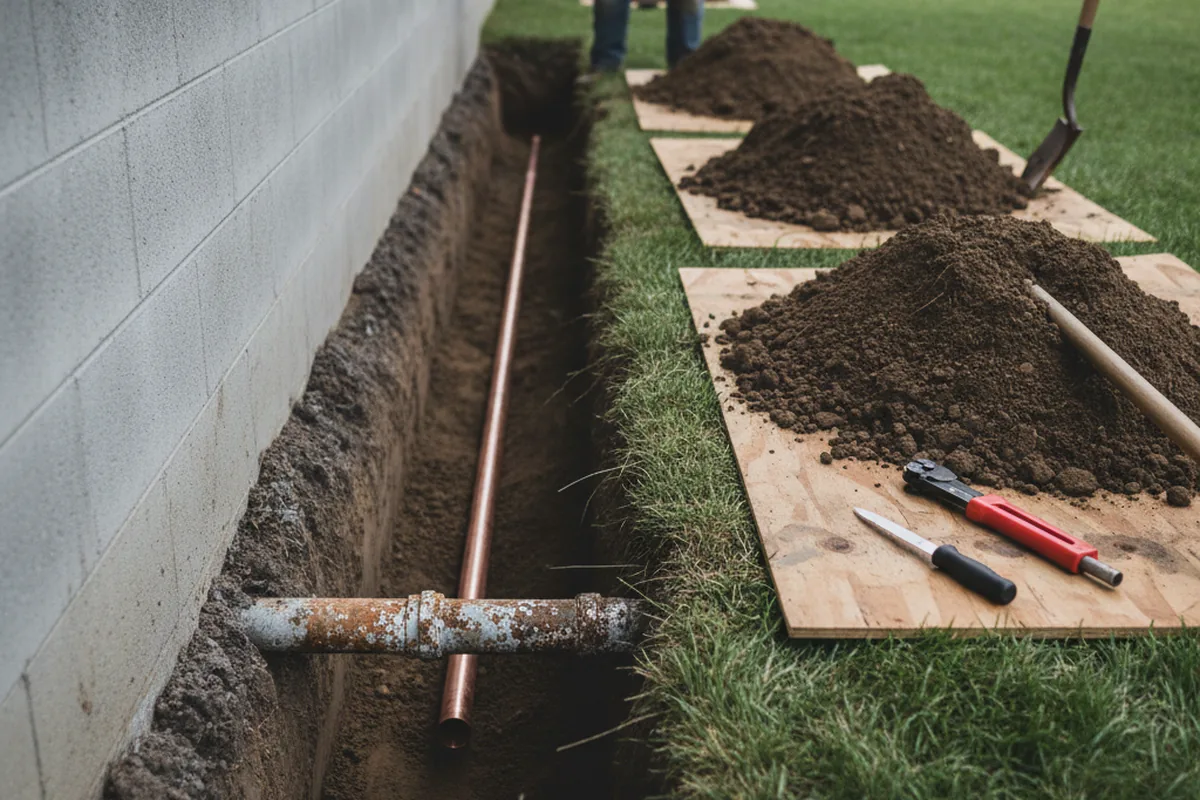 Excavated water line trench during Sewer Line Repair in Venango